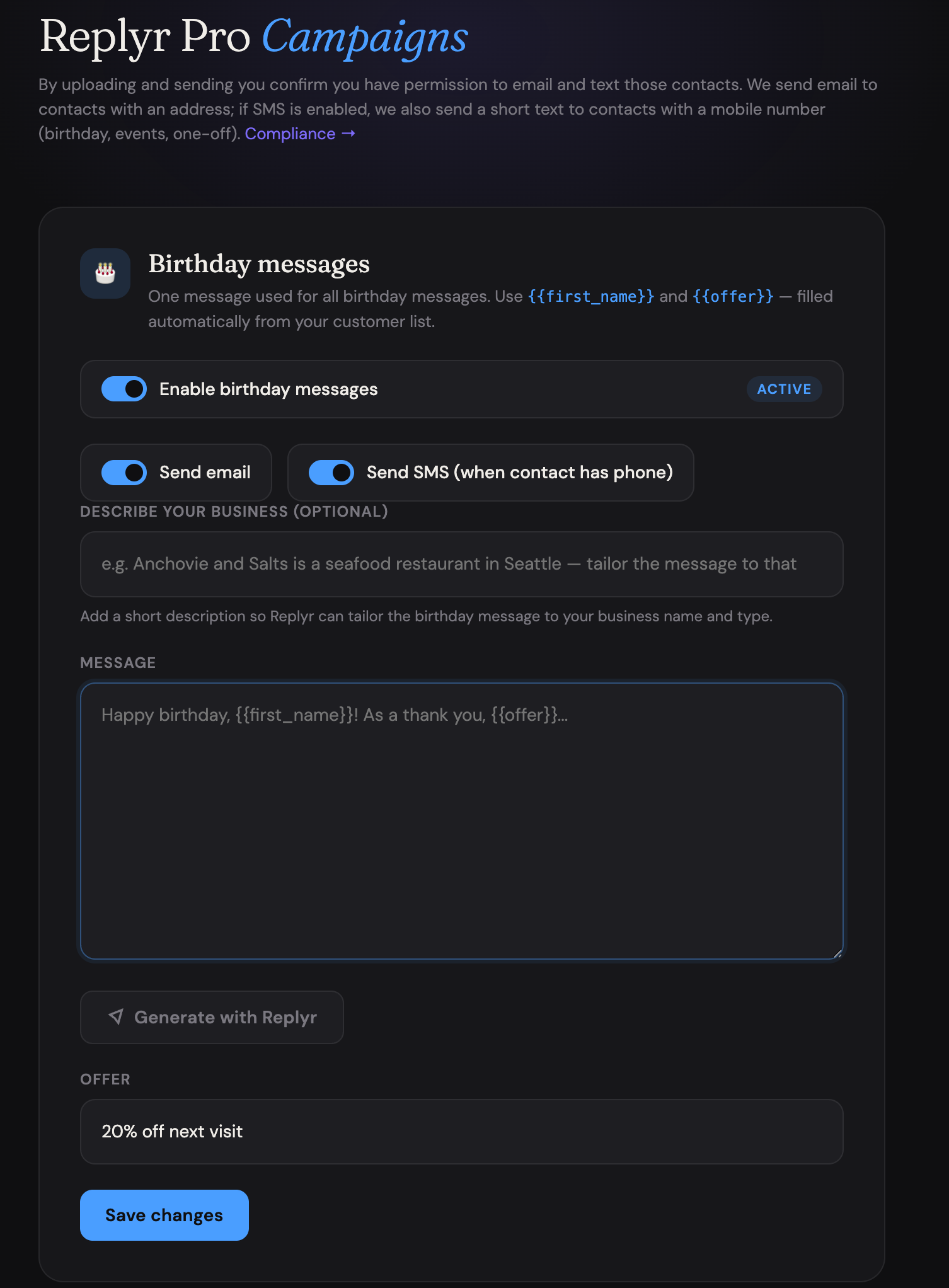 Replyr Pro dashboard — Birthday messages