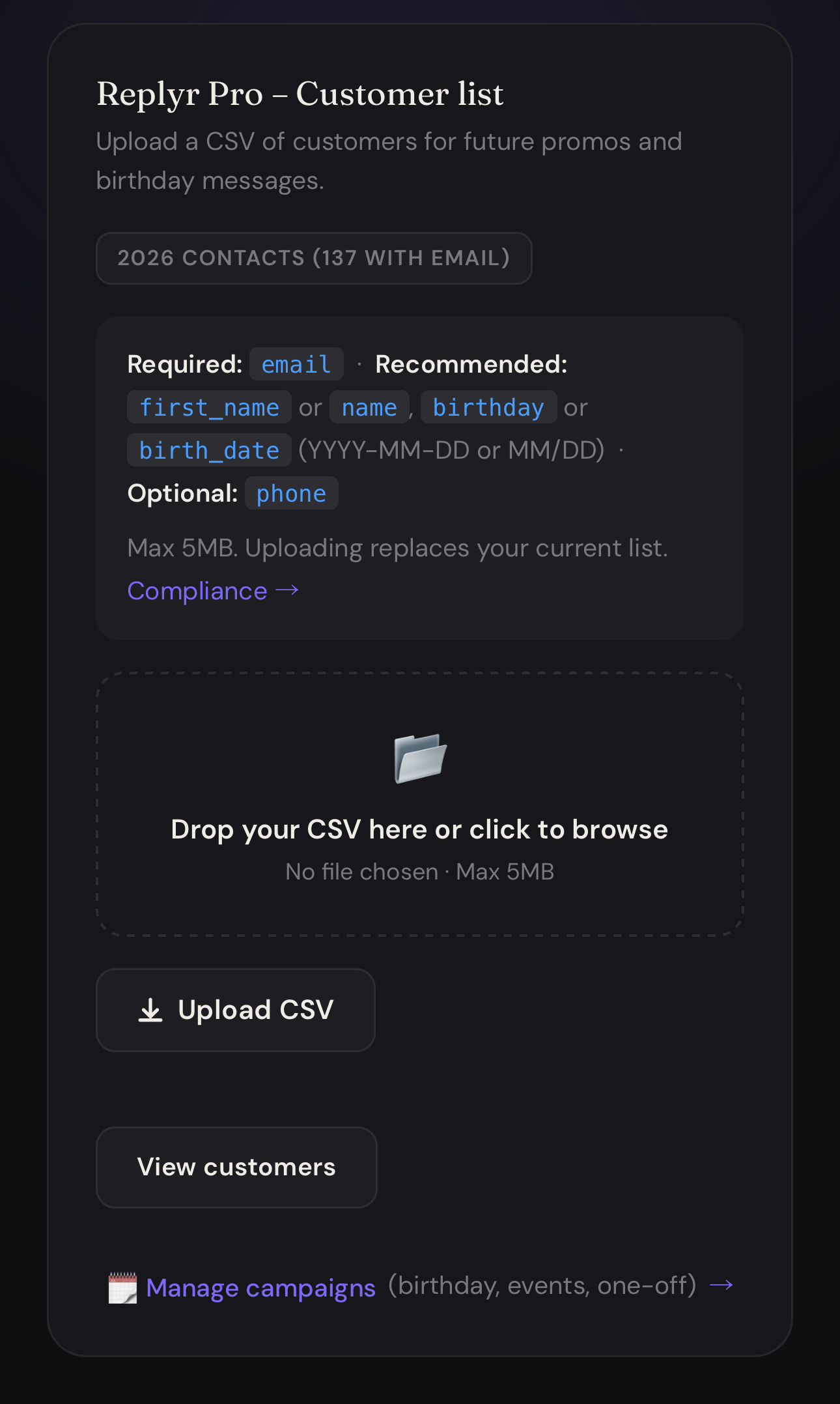 Replyr Pro — Upload customer CSV