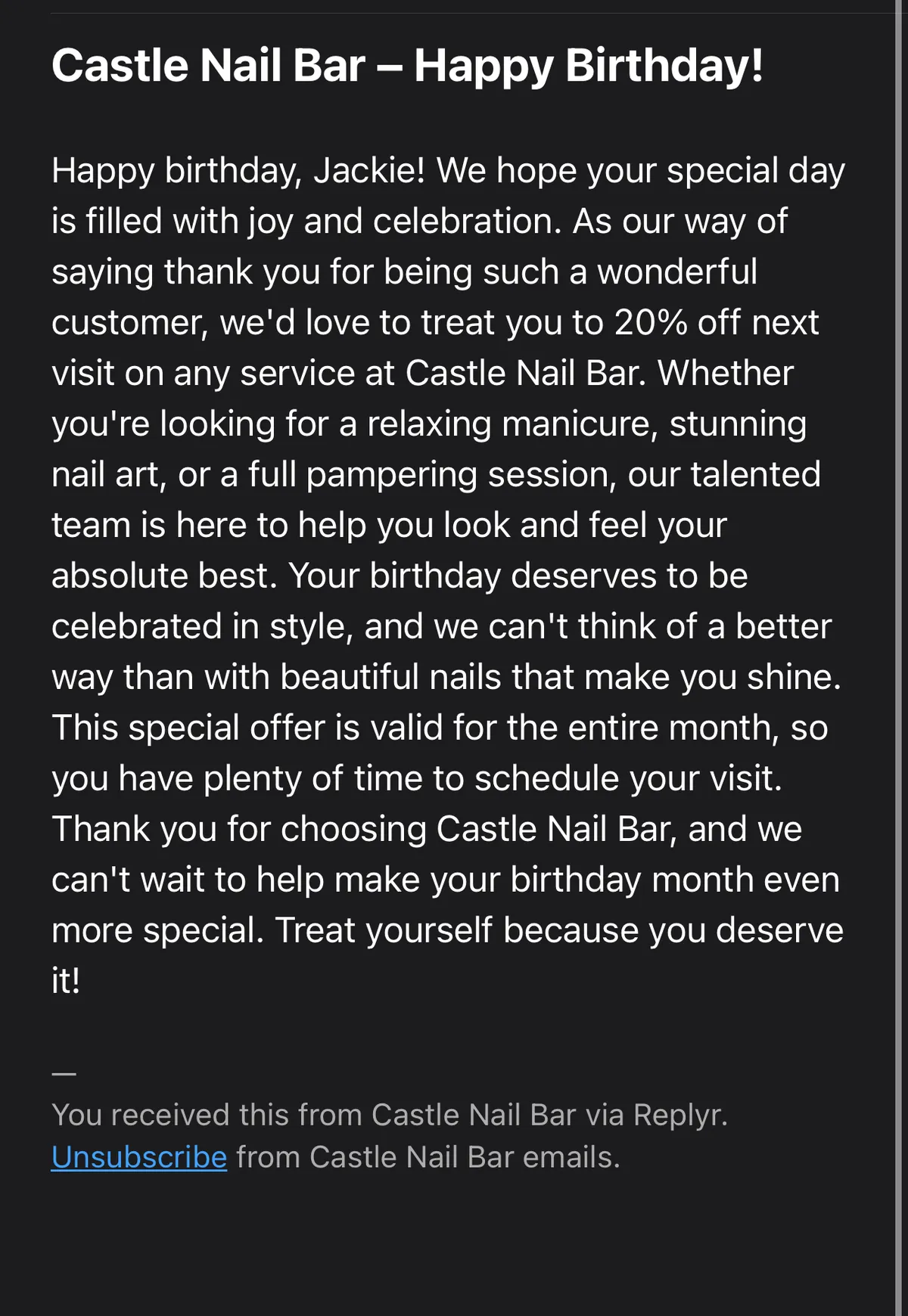Sample campaign email from Replyr Pro