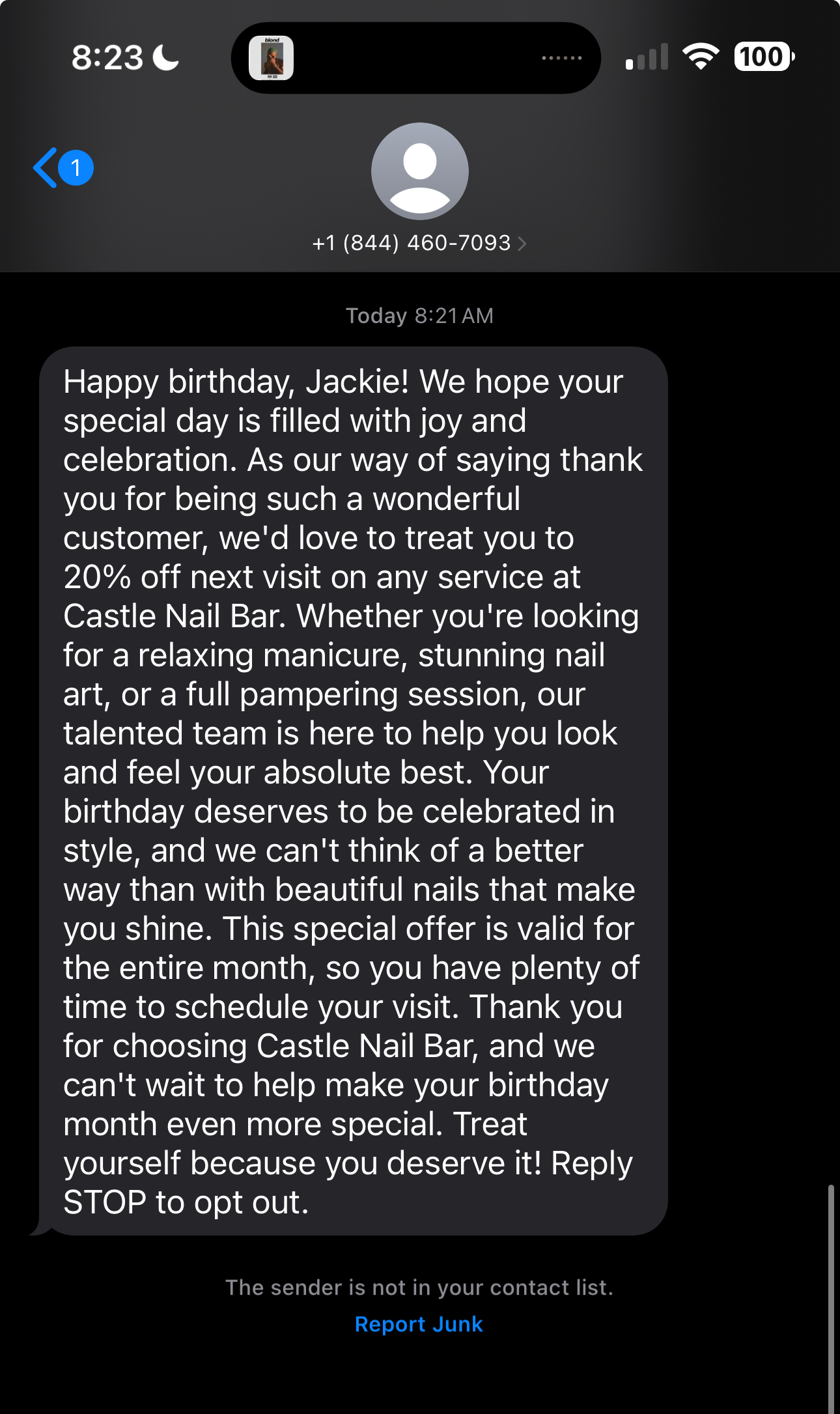 Sample birthday SMS from Replyr Pro
