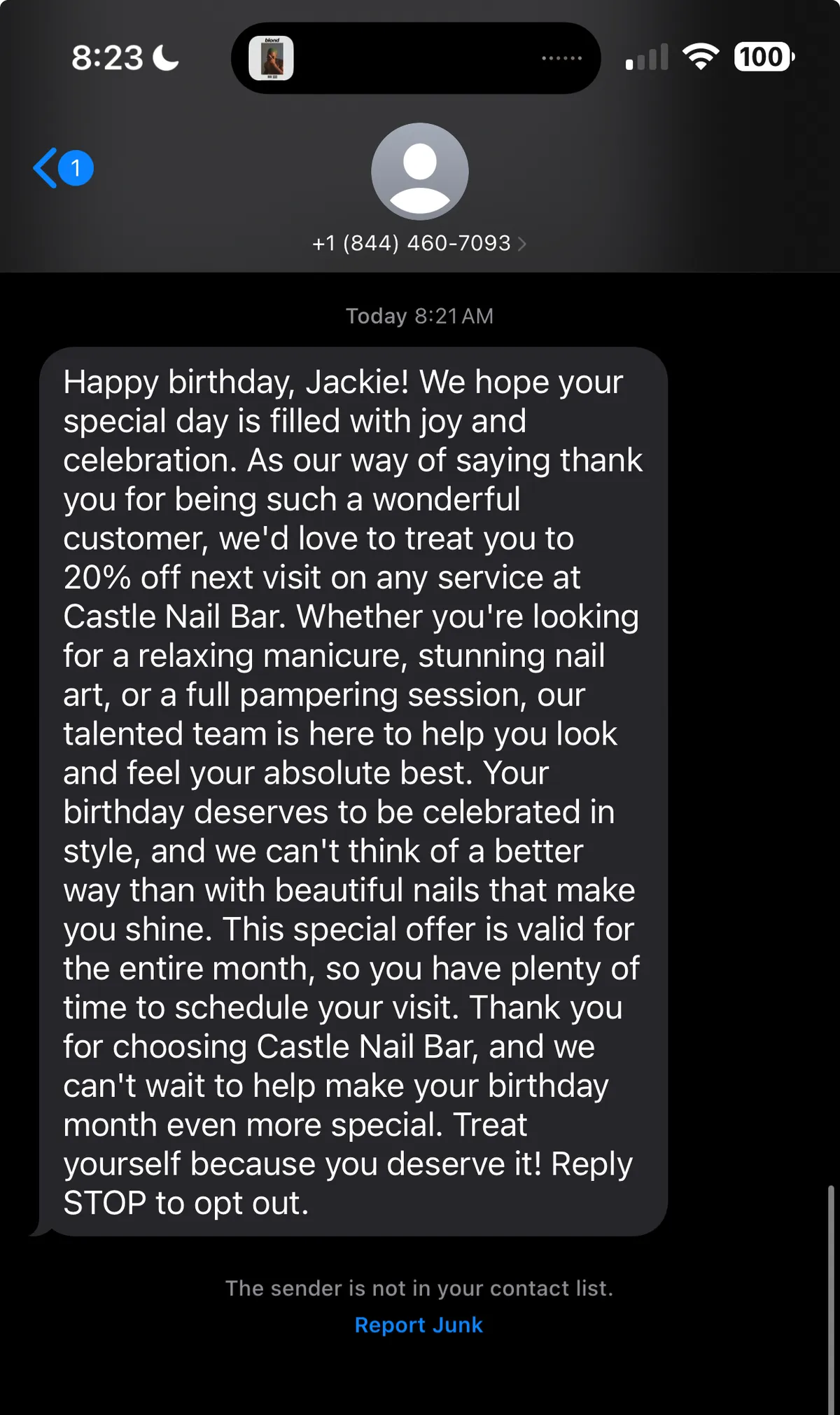 Sample birthday SMS from Replyr Pro